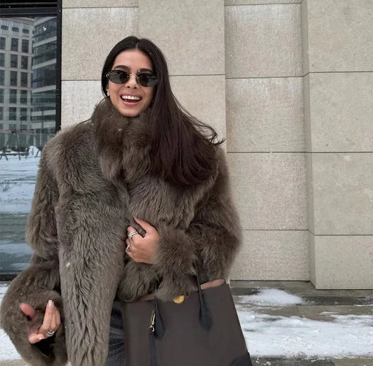 Brown Faux Fur Thicken Long Sleeve Jacket