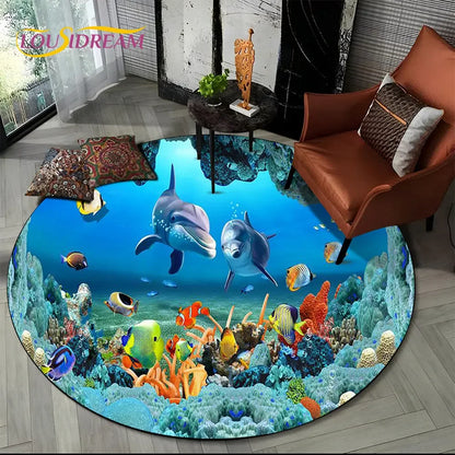 3D Seabed Illusion Underwater World Dolphin Round Area Rug