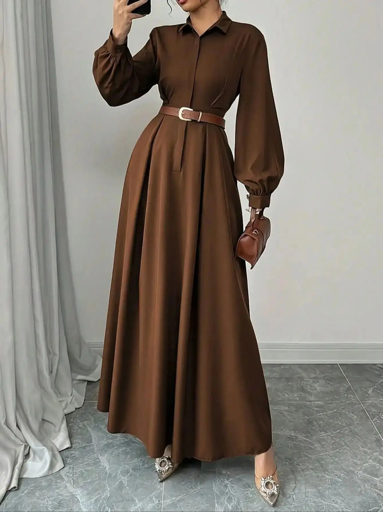 Elegant Long Lantern Sleeve Office Maxi Dresses