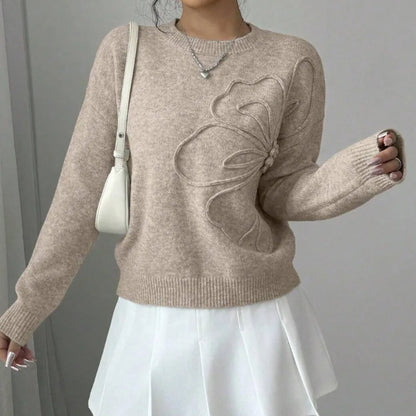 Slimming Effect Knitted Pure Color Floral Print Full Sleeve  Pullover Sweater