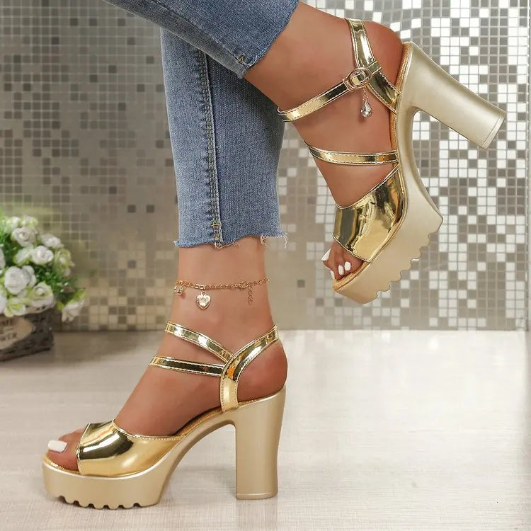 High Chunky Heels Mirror PU Sexy Gladiator Shoes