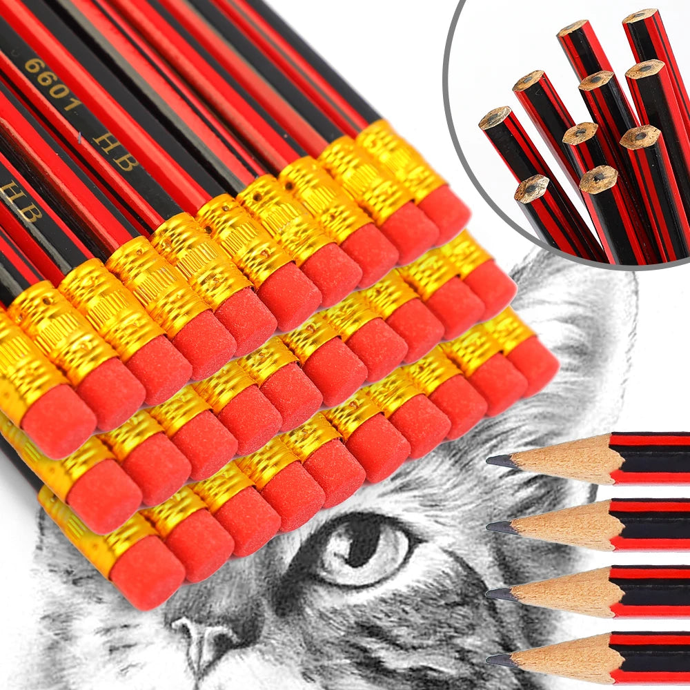 40/30/10PCS Wooden Lead Pencils with Eraser Stationery