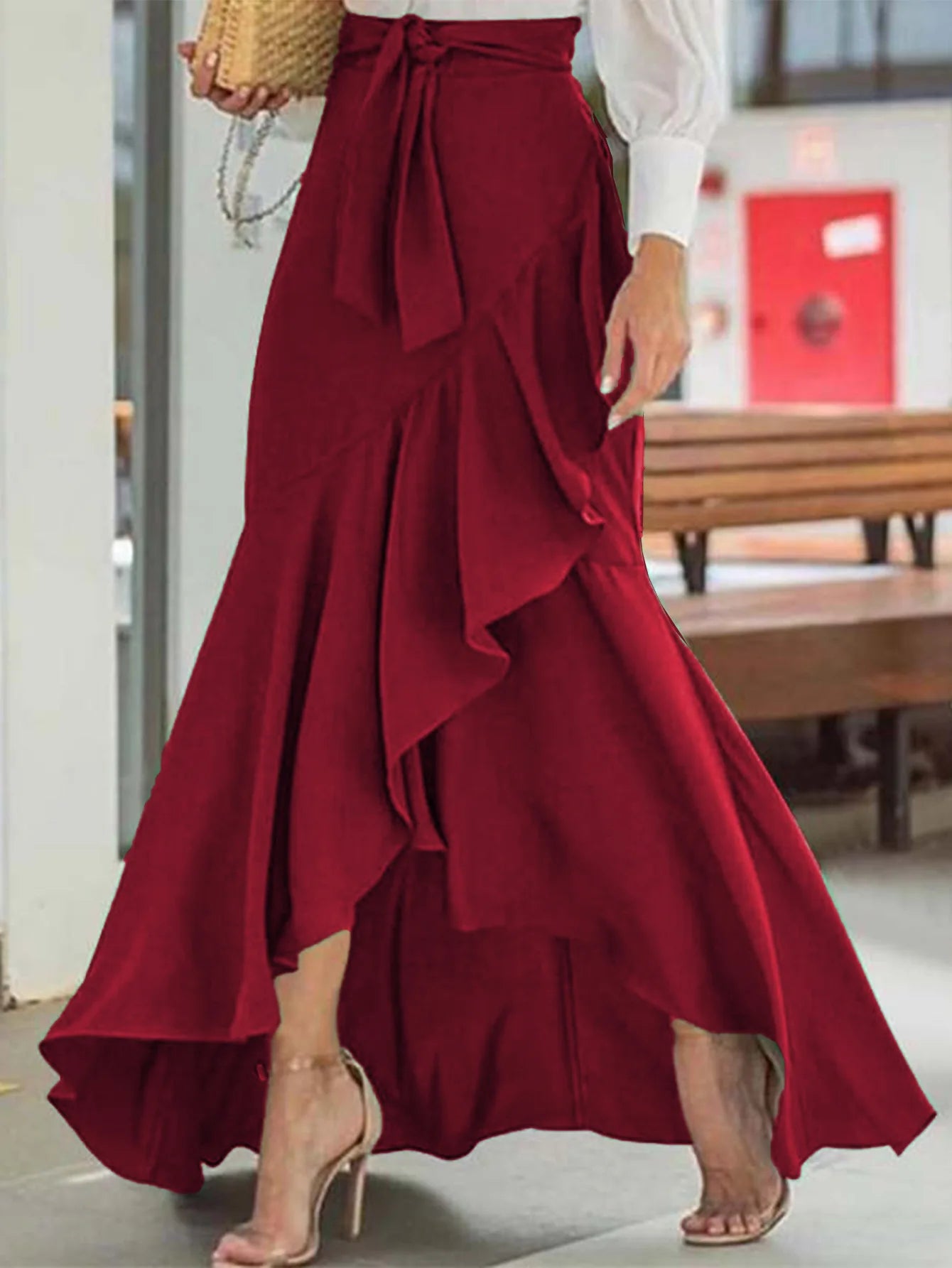 Elegant Solid High Waist Mermaid Ruffle Long Maxi Skirt