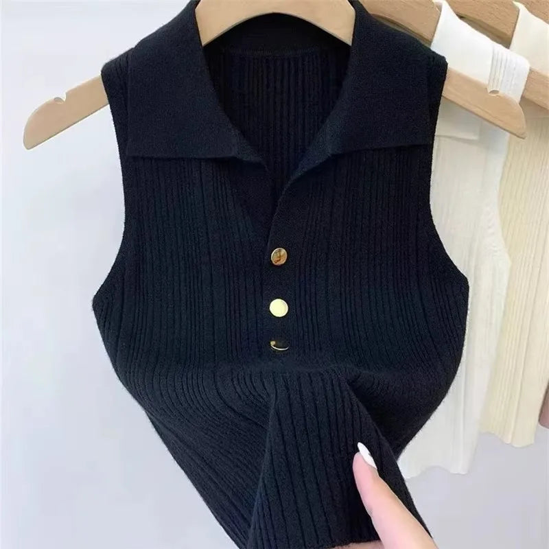 Slim Versatile Camisole Polo Lapel Vest Ice Silk Knit Sleeveless