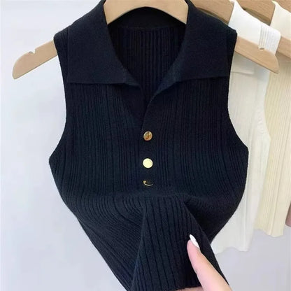 Slim Versatile Camisole Polo Lapel Vest Ice Silk Knit Sleeveless