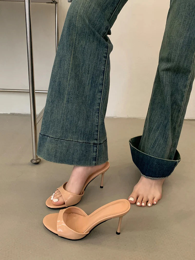 Leather Open Toe Thin High Heels Slipper