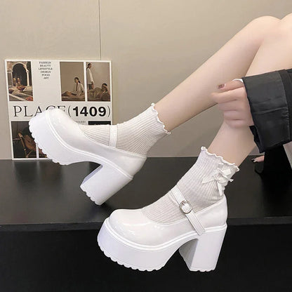 Chunky Platform High Heels Pumps Pu Leather Shoes