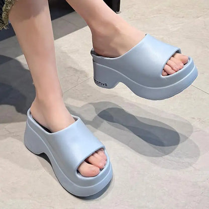 Elegant Pink Platform Wedge Heel Soft Lightweight Thick Bottom Slippers