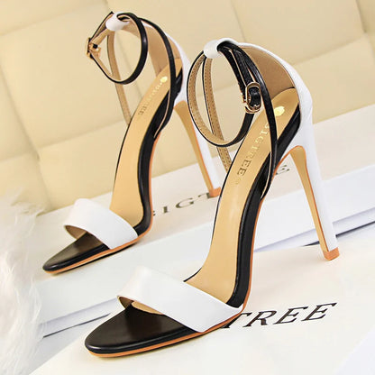 Black-White Concise Leather 11cm High Heels Sandals