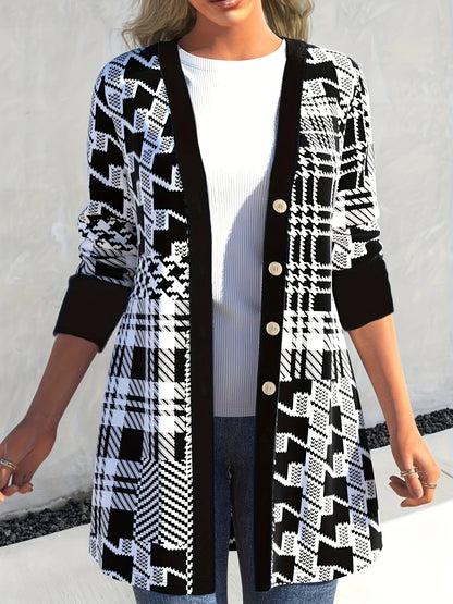 Elegant Geometric Print Button-Up Cardigan Knit Long Sleeve Open Front Sweater