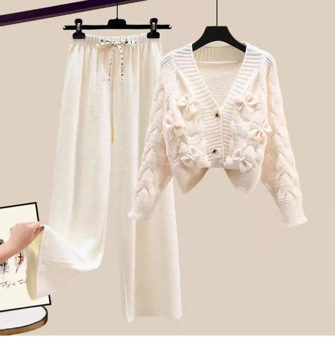 Korean Sweet Bow Outfit Long Sleeve Cardigan Knitwear Wide Leg Pants Set