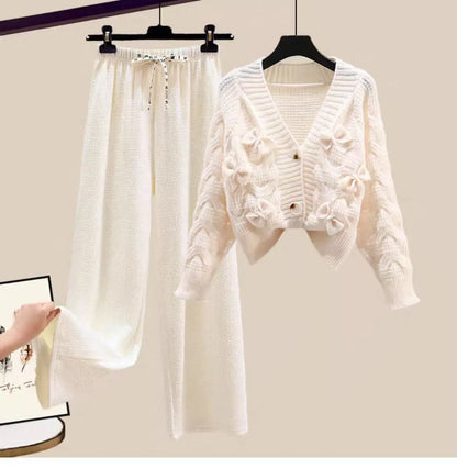 Korean Sweet Bow Outfit Long Sleeve Cardigan Knitwear Wide Leg Pants Set