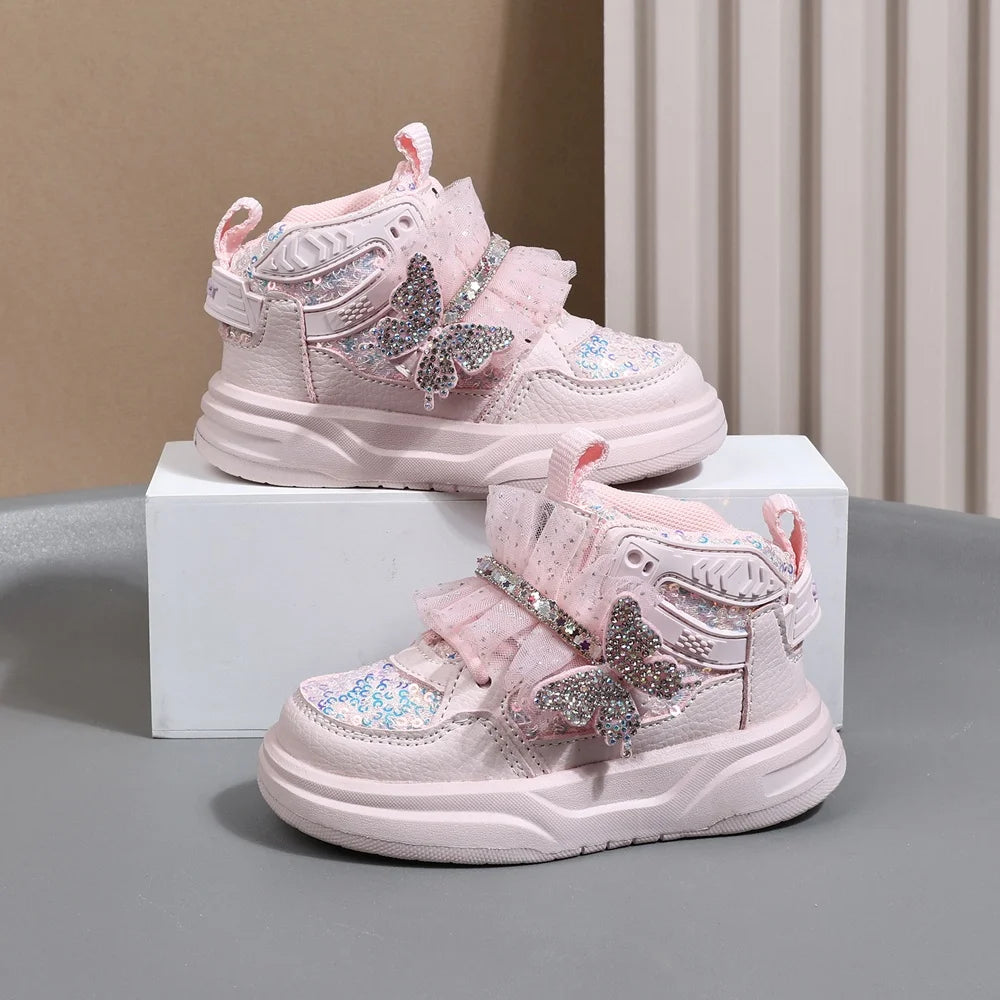 Autumn Children Leather Toddler Kids Sport  Bling Cute Butterfly Sneakers