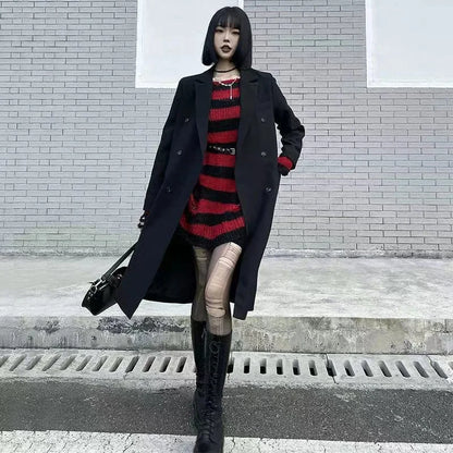 Punk Gothic Long Unisex Sweater Striped Cool Hollow Out Hole Broken Jumper