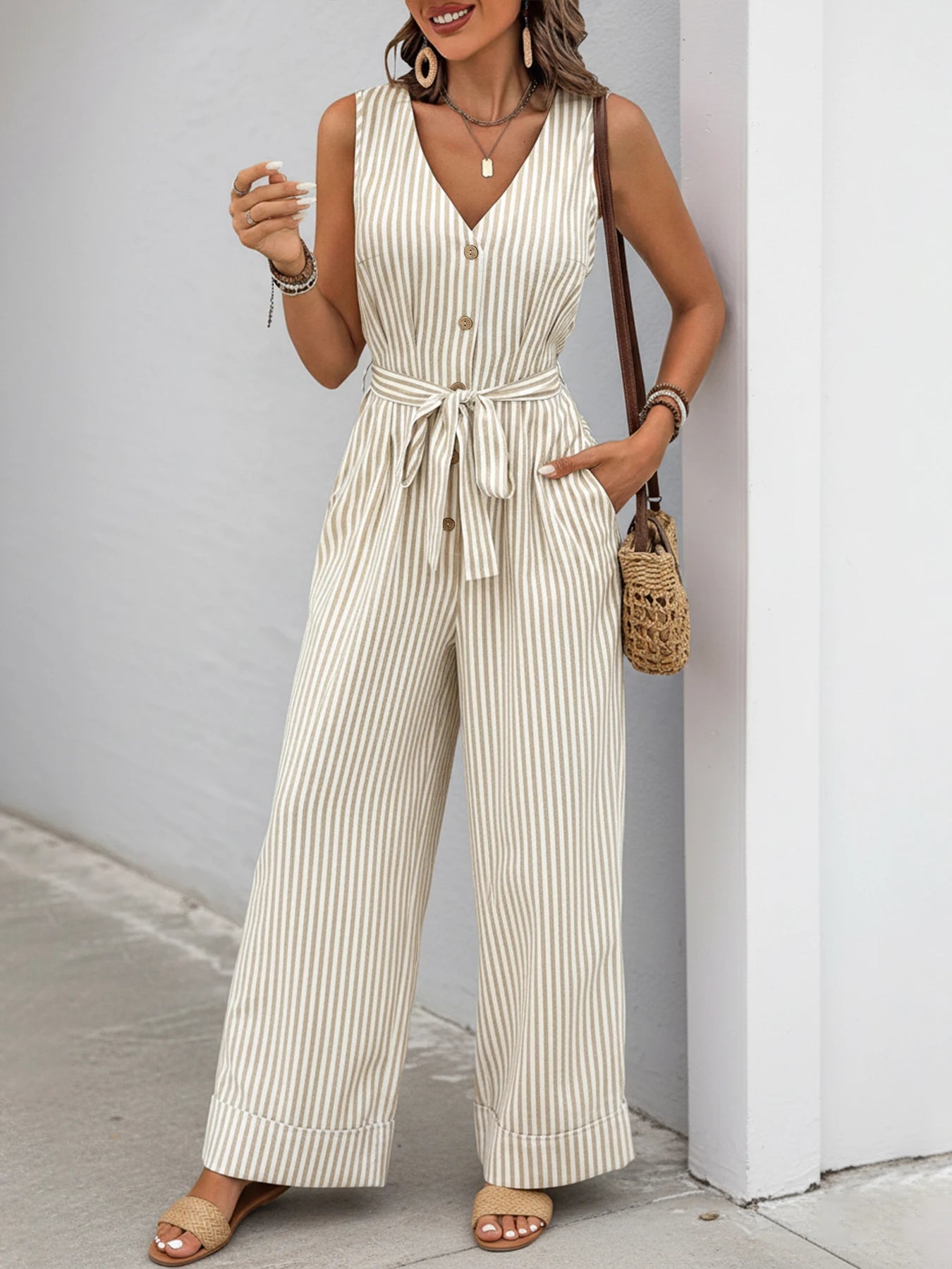 Striped sleeveless V-neck casual Jumpsuit