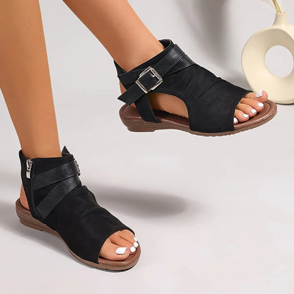 Black Pu Buckle Open Toe Cool Wedge Sandals