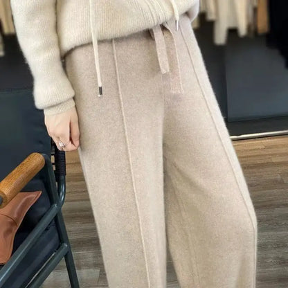 Merino Wool Knitted Wide Leg Soft Warm Cashmere Knit Trousers
