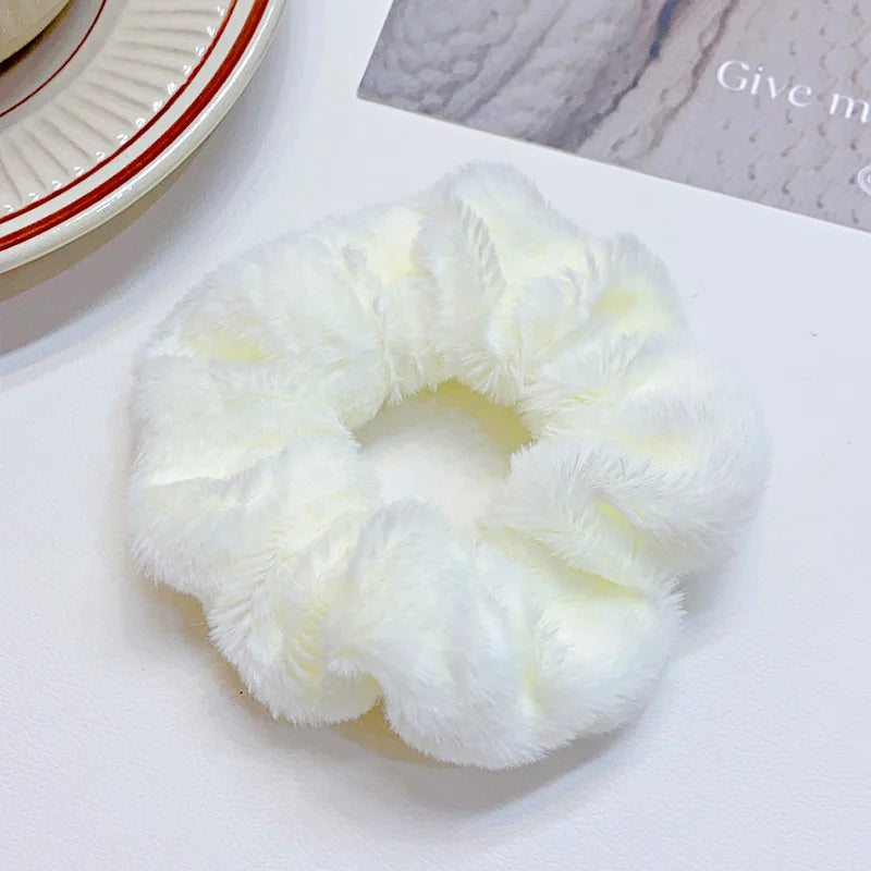 Solid Soft Plush Wide Hair Band Ponytail Holder Hair Tie Fluffy Rubber Band