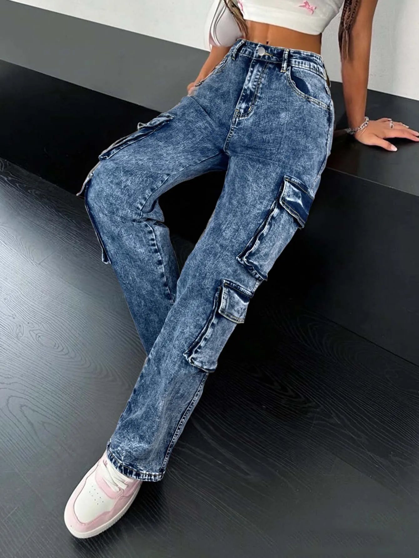 Street Multi Flap Pockets Tape Elastic Waist Straight Leg Cargo Jeans