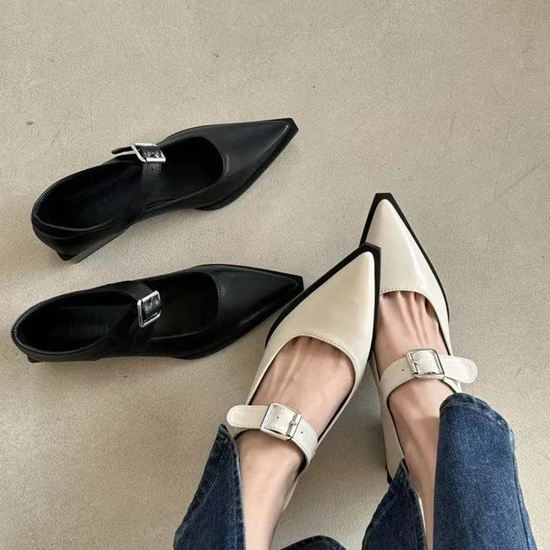 Mary Jane Belt Buckle Medium Heel Small Leather Shoes