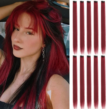 10Pcs Pink Clip in Hair Extensions Party Highlights Wig Synthetic Colored Straight Hairpiece