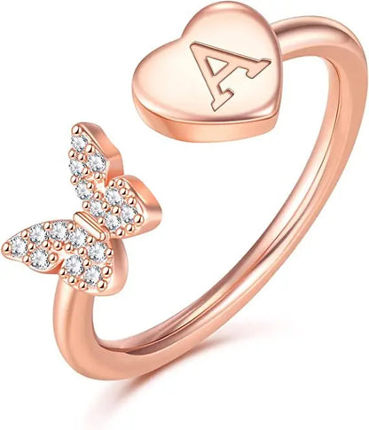Butterfly diamond custom letter rose gold ring