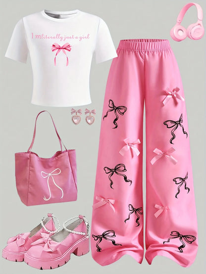 Letter-Print Short-Sleeve T-Shirt and Hot Pink Bow Wide-Leg Pants Set