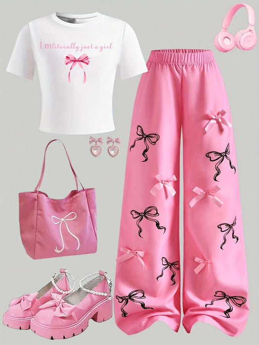 Letter-Print Short-Sleeve T-Shirt and Hot Pink Bow Wide-Leg Pants Set