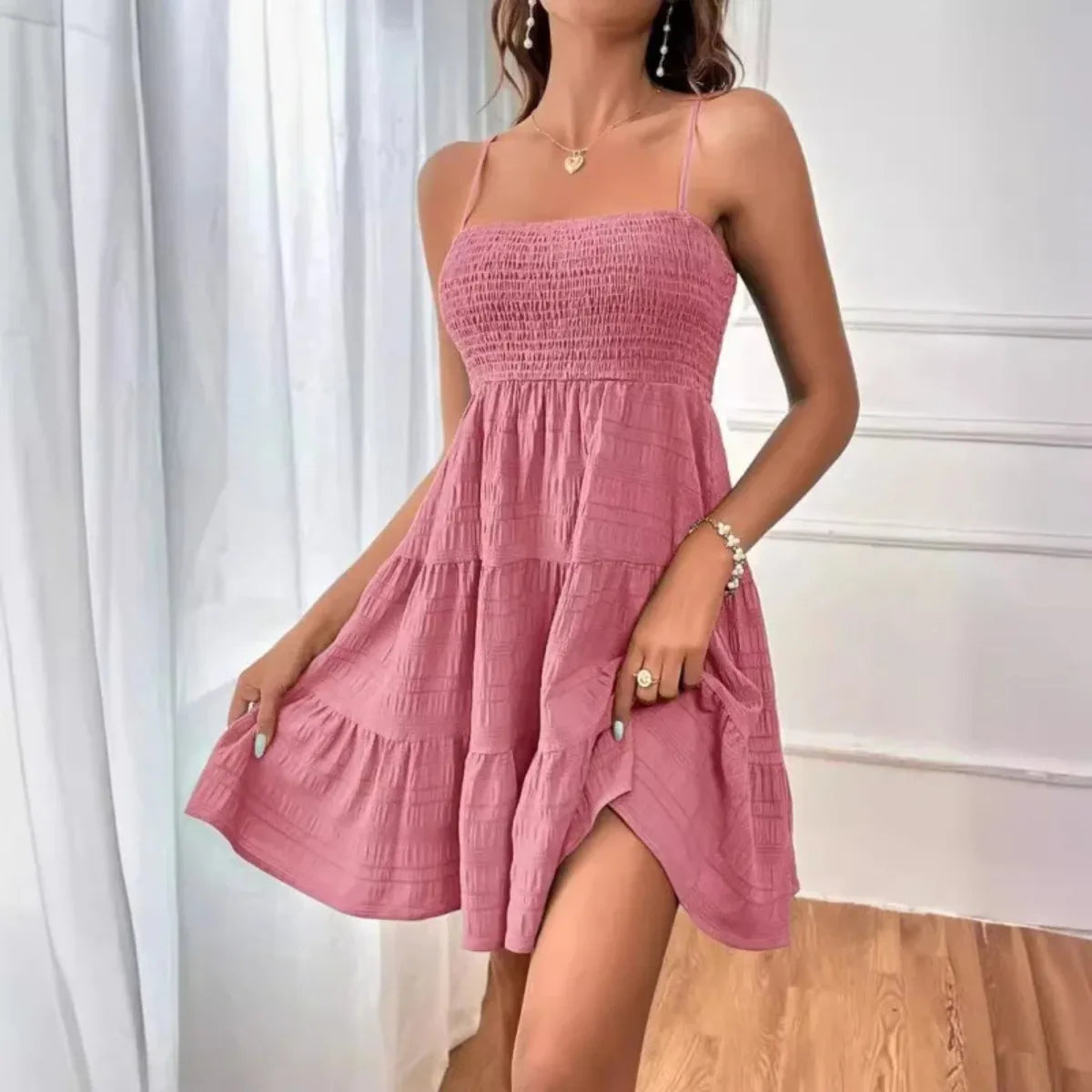 Spaghetti Strap Smocked Bustier Mini Swing Dress