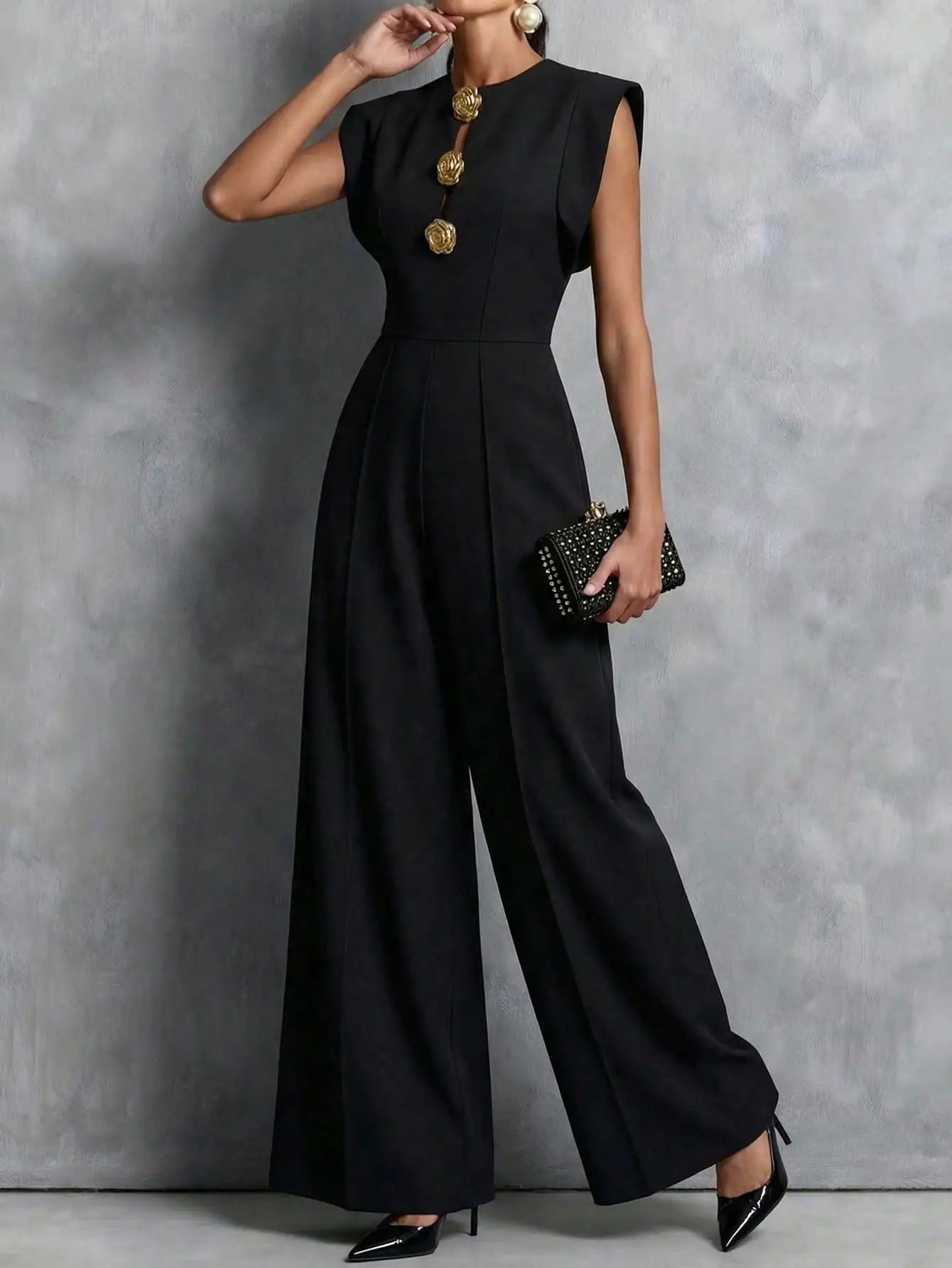 Jumpsuits & Rompers Black Sleeveless Wide Leg