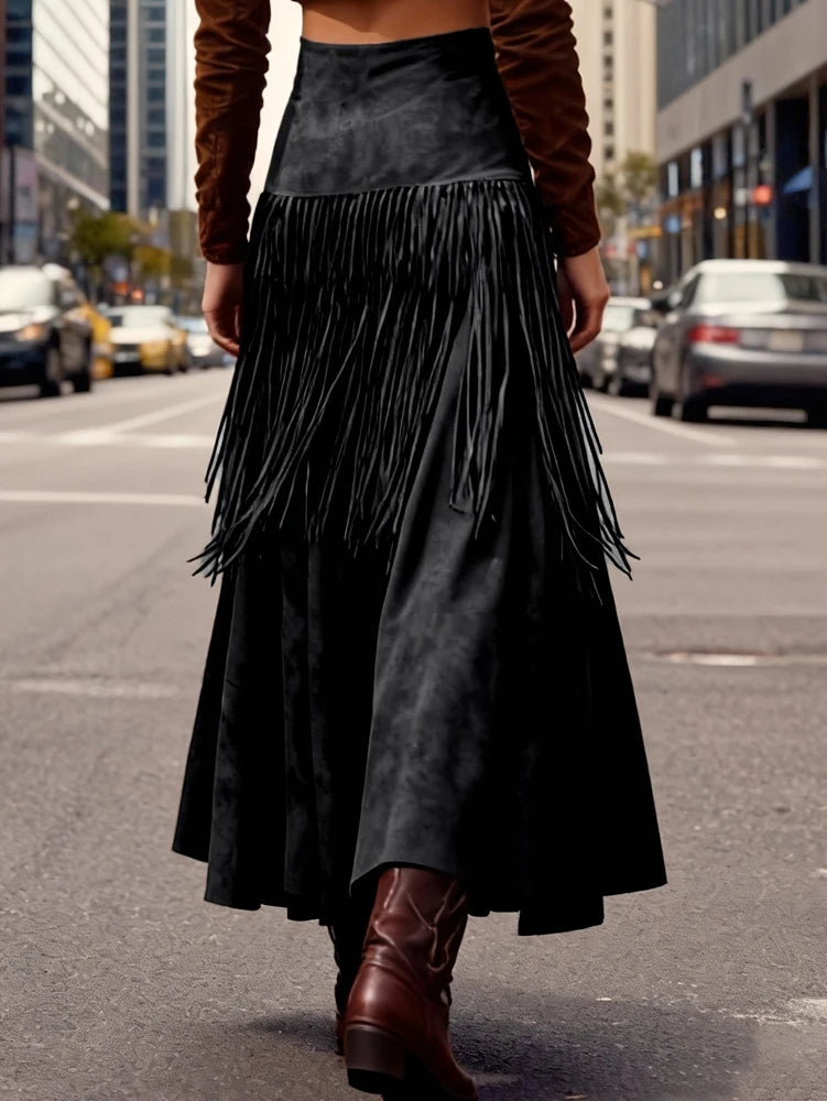 Ethnic Elegant Solid Tassel Slim Fit Midi Skirt
