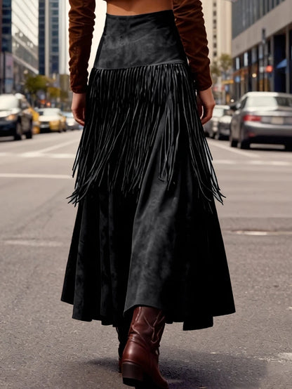Ethnic Elegant Solid Tassel Slim Fit Midi Skirt
