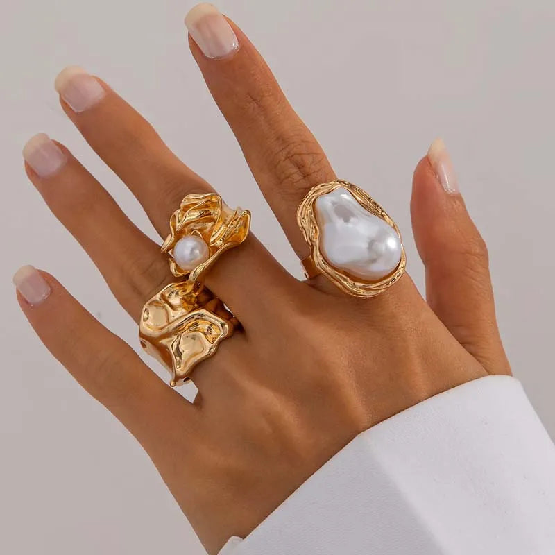 6Pcs/Set Gold Color Imitation Pearl Open Ring