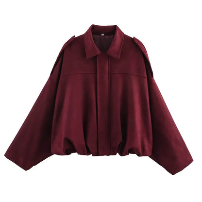 Suede Bomber Long Sleeve Zipper Oversize Solid Bomber Coat Jacket