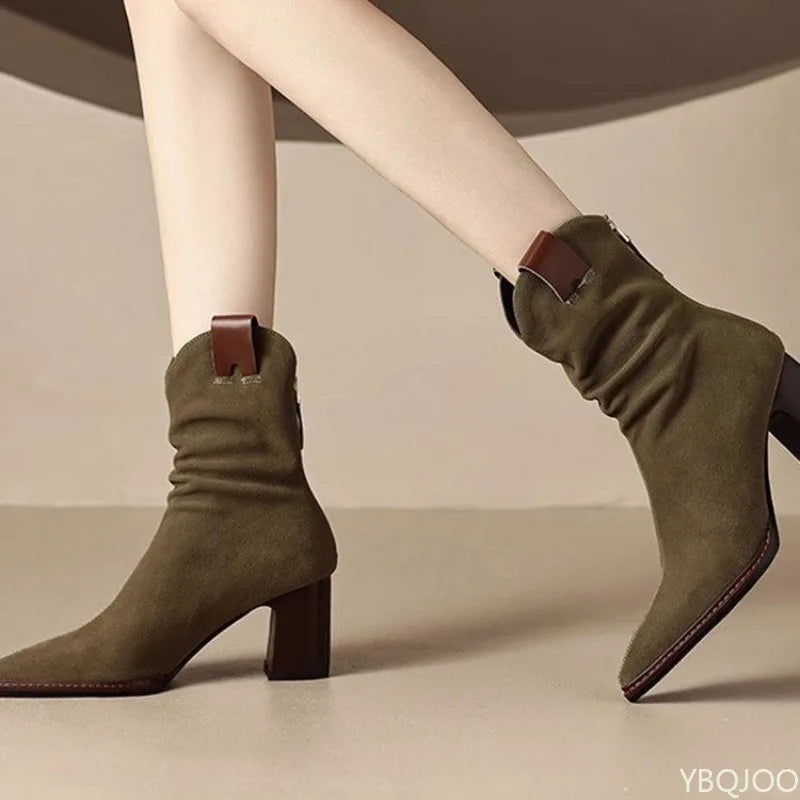 Casual versatile Round Toe shoes Retro Chunky Heel Ankle Boots