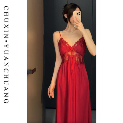 French Romantic Long Strap Sleep Silk Elegant Sleepwear Set