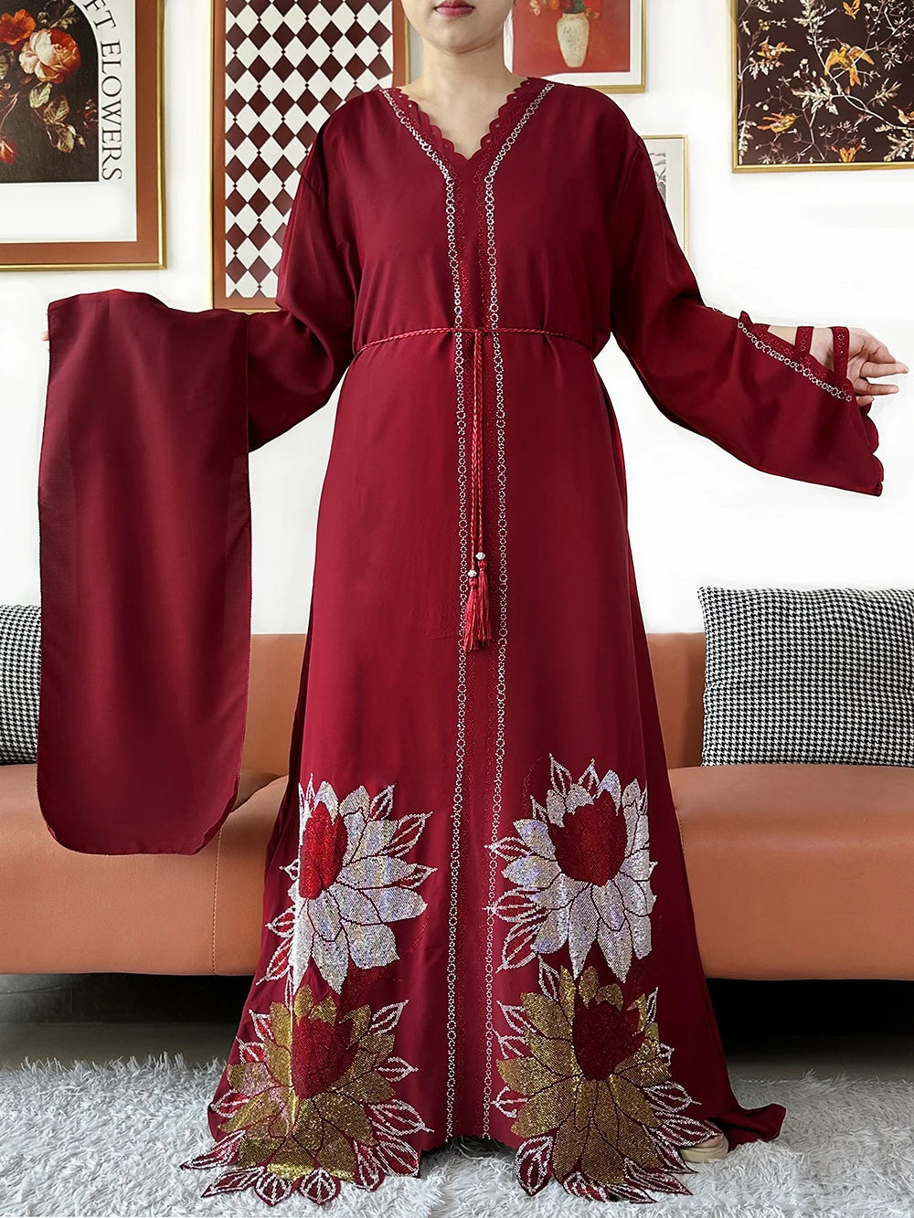 Muslim Chiffon Diamond Long Sleeve African Abaya