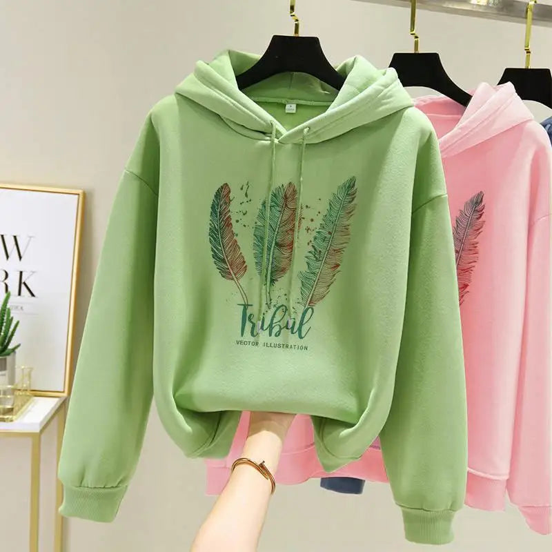 Feather Printed Hoodies Casual Loose pullover
