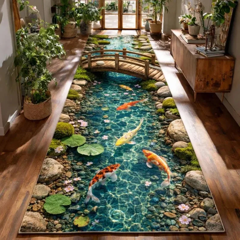 2D Koi Fish Pond Runner Rug Realistic Water Stream Carpet