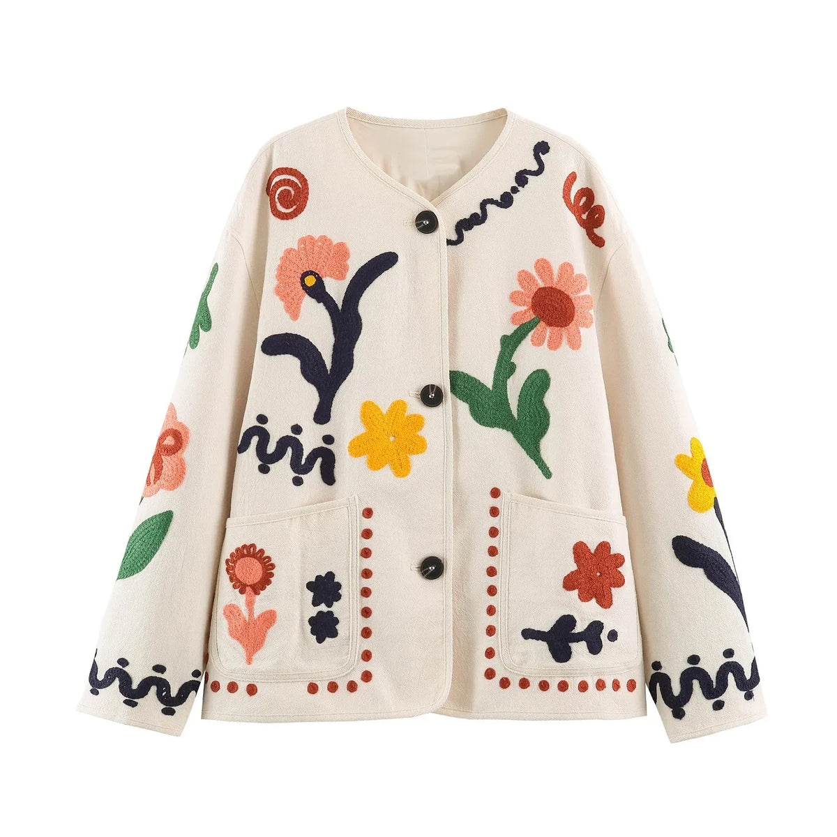 Boho Colorful Flower Print Cardigan Round Neck Long Sleeve Coat Jacket