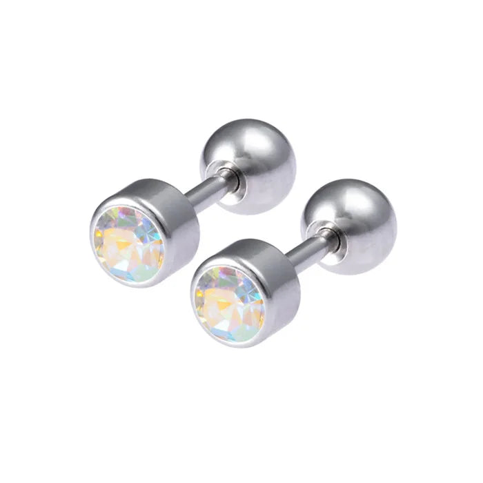2Pcs Surgical Steel Crystal Screw Ball Stud Earrings