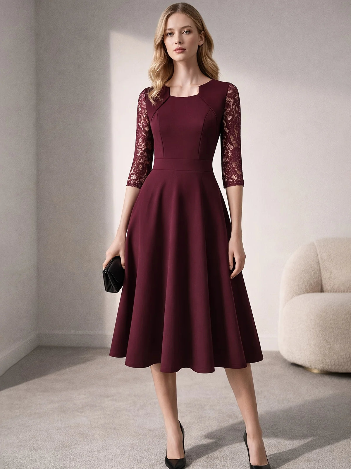 Vintage Floral Lace Square Neck High Waist Medium Sleeve Slim Flared Dress