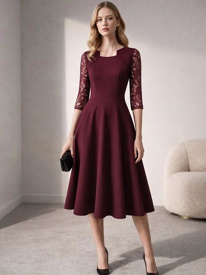 Vintage Floral Lace Square Neck High Waist Medium Sleeve Slim Flared Dress
