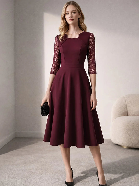 Vintage Floral Lace Square Neck High Waist Medium Sleeve Slim Flared Dress