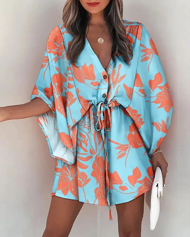 Floral Print Bat Half-Sleeve Dress