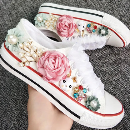 Korean Fantasy Flowers Rhinestone Canvas Shoes