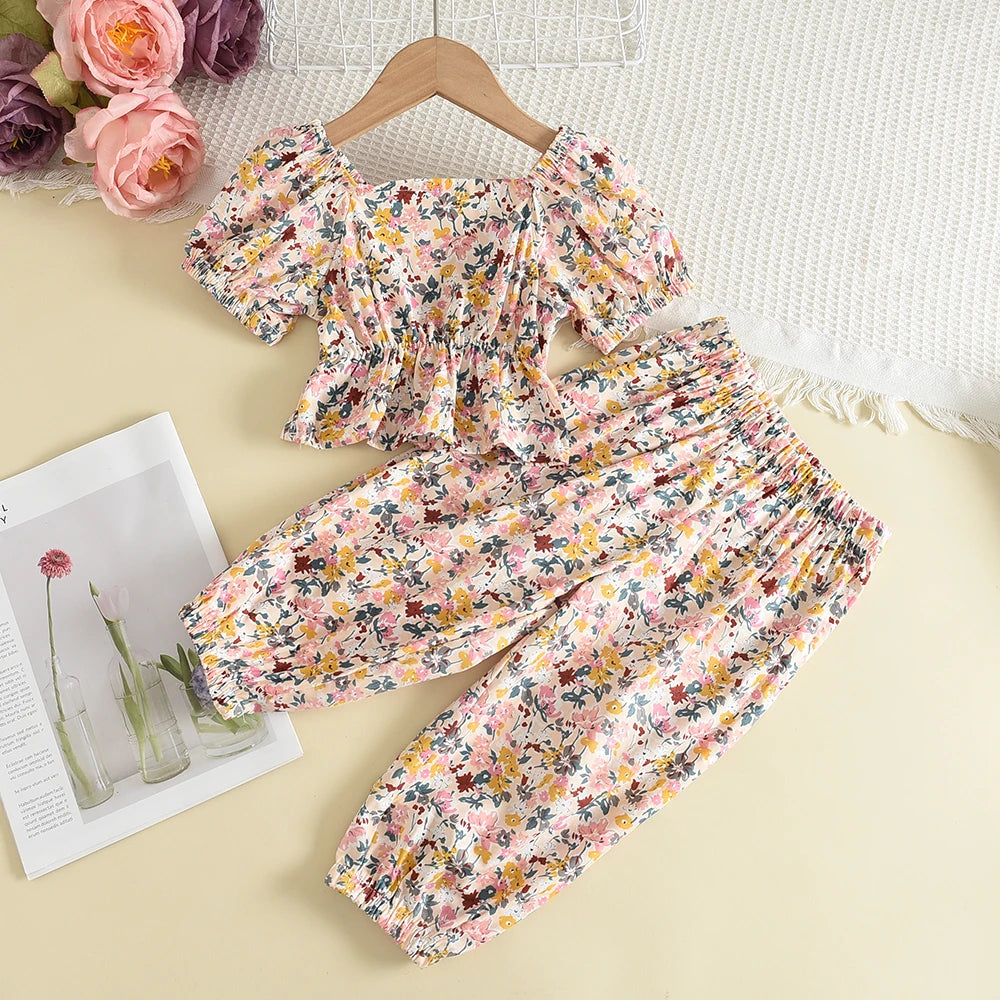 Bear Leader Floral Cartoon Ruffle Sleeve Casual Outfits Set