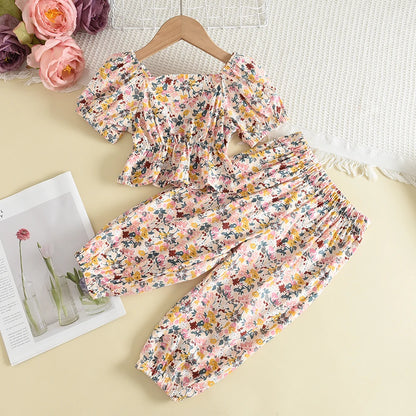 Bear Leader Floral Cartoon Ruffle Sleeve Casual Outfits Set