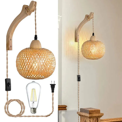 Bamboo Lantern Wall Lamp Natural Rattan Wicker Wall Light