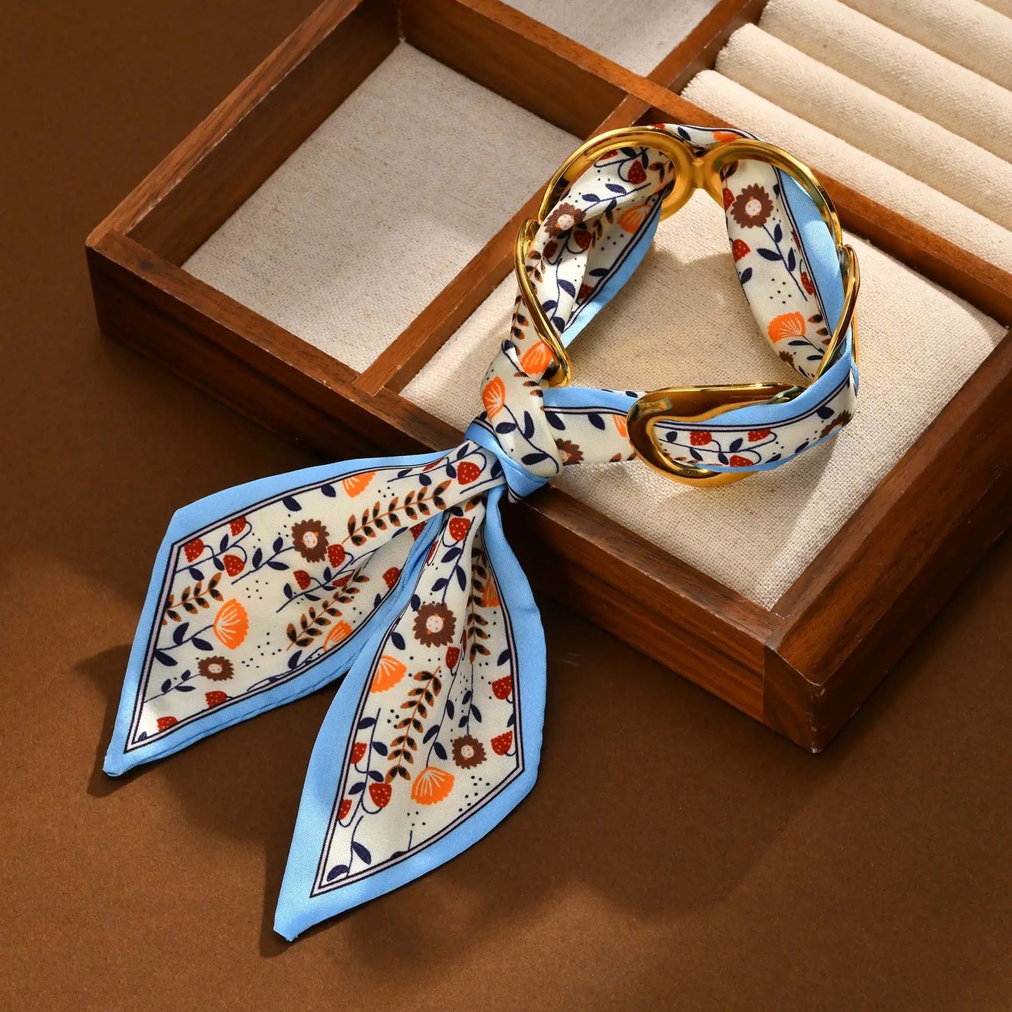 Luxury Simulated Silk Printed Silk Scarf Cuff Stainless Steel Hollow Open Cuff Bracelets